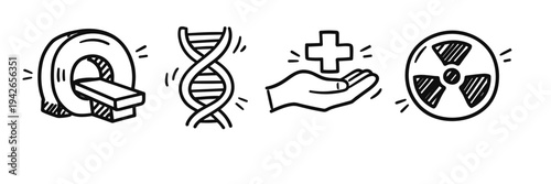 Medical icons: mri, dna, healthcare, radiation symbols in black and white