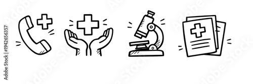 Healthcare icons: phone, hands, microscope, documents representing medical support