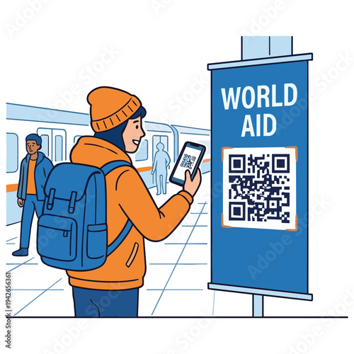 Man scans QR code on World Aid sign at train station with backpack