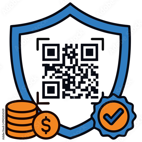 A shield with a QR code protects coins and a verified checkmark on a secure financial background
