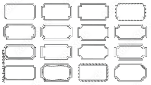 Assortment of sixteen decorative rectangular frames and border designs in black and white line art for labels and stationery.