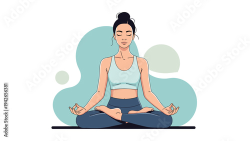 Peaceful woman practicing yoga in the lotus position against a background of soft abstract shapes for health and wellness themes.