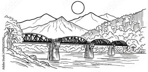 Arched railway bridges span a river amidst mountainous, forested terrain under a sun