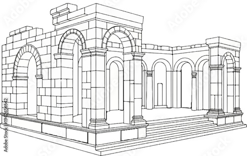 Architectural rendering of an ancient stone structure with arches and columns