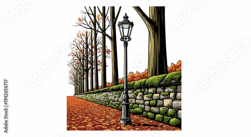 Autumn path lined with trees, stone wall, and lamppost