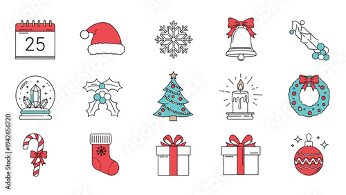 Festive collection of fifteen Christmas and holiday icons including Santa hat, snowflakes, gifts, and a decorated tree.