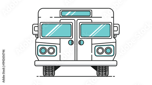 Front view of a modern public transportation bus in white and teal blue colors with a simple line art design.