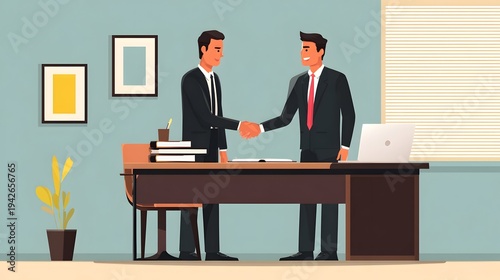 Businessman signing contract while another businessman offers handshake, partnership concept