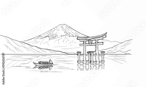 Iconic Japanese landscape with a boat sailing past a torii gate before a snow-capped mountain