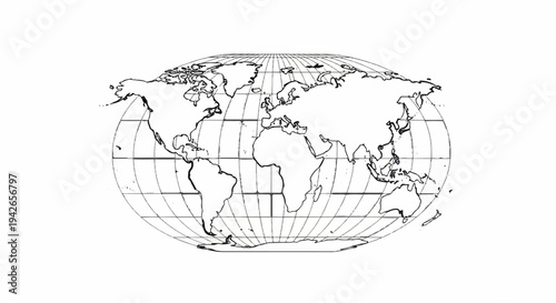 A black and white line drawing of the Earth on a Mercator projection