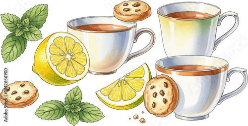 Refreshing tea with lemon, mint, and cookies