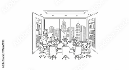 Business meeting with city view, people around a table in a room