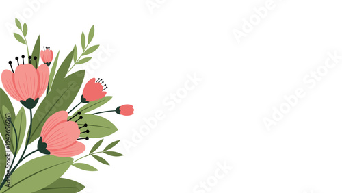 A lovely floral arrangement of pink flowers and green leaves in a simple, flat cartoon style, positioned in the corner to be used as a border or frame.