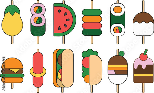 Colorful cartoon illustrations of various sweet and savory foods on sticks for summer treats  ice cream popsicles and sandwiches on wooden sticks