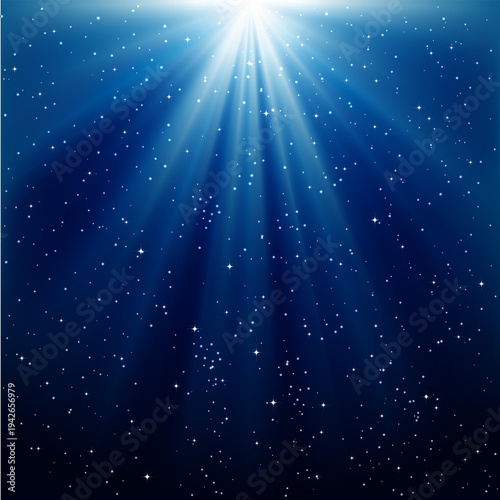 Celestial Night Sky Background with Bright Radiant Light Beams and Sparkling Stars in Blue Gradient, perfect for holiday greetings and astronomical themes