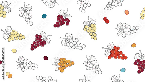 Artistic seamless pattern background of diverse grape bunches in red, green, and purple colors for vineyard branding.