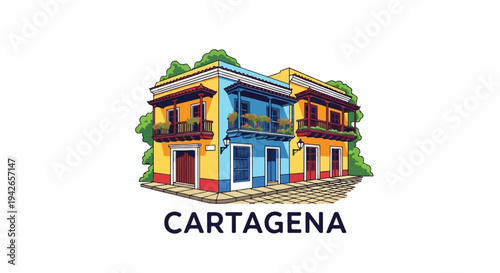 Colorful colonial buildings with balconies and trees