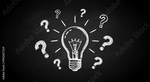 Chalkboard drawing of a light bulb surrounded by question marks, symbolizing ideas