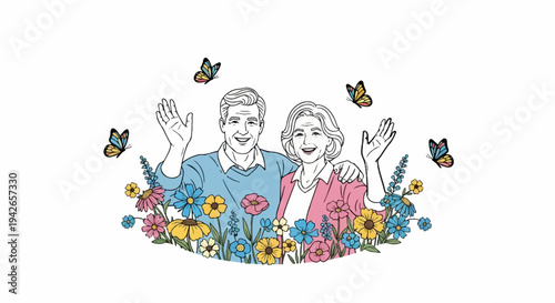 Happy elderly couple in colorful flower garden with butterflies