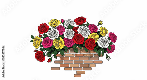 Colorful roses overflow a rustic brick planter box