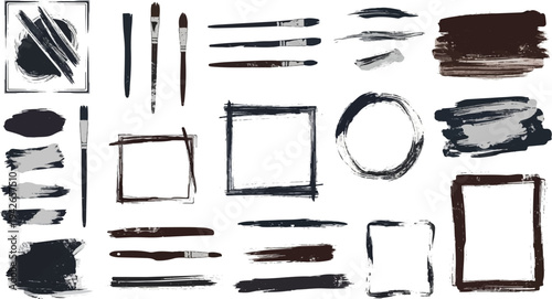 Collection of artistic paint brush strokes, frames, and brushes