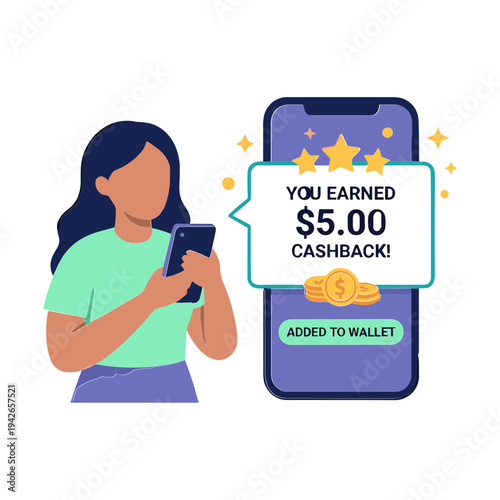 Woman receives cashback notification on smartphone with money and stars