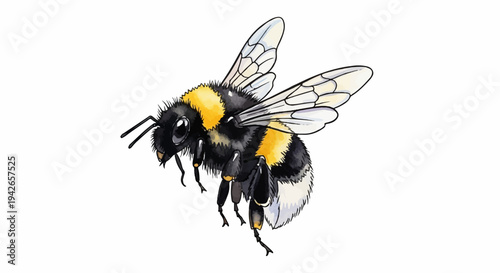 A detailed illustration of a fuzzy bumblebee with yellow and black stripes in flight