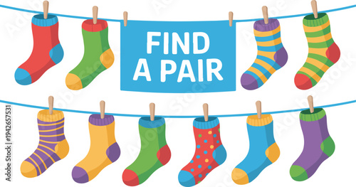 Colorful socks hanging on a clothesline with a find a pair sign in the middle