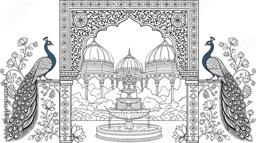 Ornate architectural setting with peacocks and fountain, detailed floral motifs