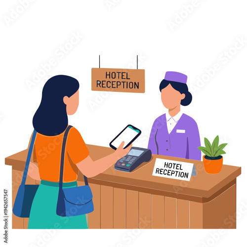 Woman checking in at hotel reception desk with staff