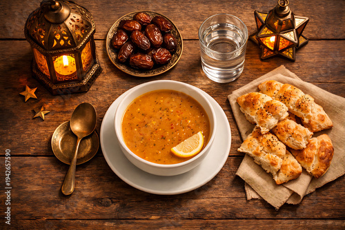 Ramadan Iftar Table With Dates Soup Bread And Lantern Top View