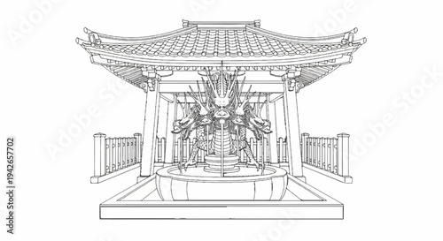 Ornate temple pavilion with a multi-headed dragon fountain in front