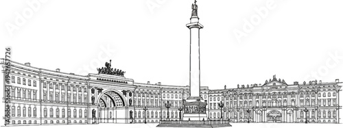 Ornate neoclassical architectural ensemble with a tall central column and an archway