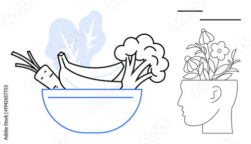Bowl with carrots, bananas, broccoli, and greens beside a head-shaped planter with flowers growing inside. Ideal for wellness, mindfulness, balance, health, mental clarity nutrition simple flat