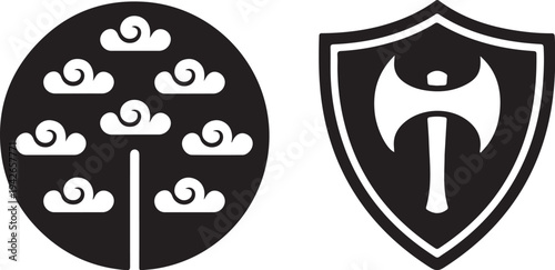 Black and white illustrations of tree and shield with axe and clouds symbols