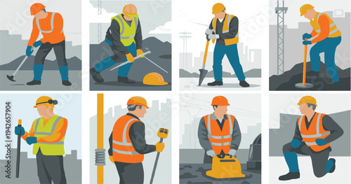 Construction workers in various poses with tools on a city skyline background