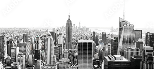 Panoramic cityscape of densely packed skyscrapers under a bright, clear sky