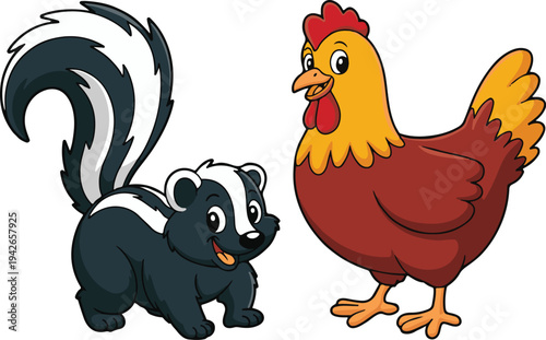 Cartoon skunk and chicken standing side by side looking at each other friendly