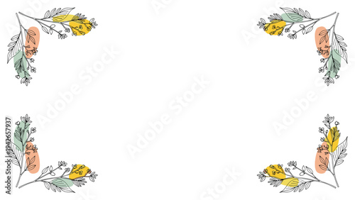 Elegant floral corner borders featuring delicate black line art flowers and leaves accented by soft colorful pastel shapes.