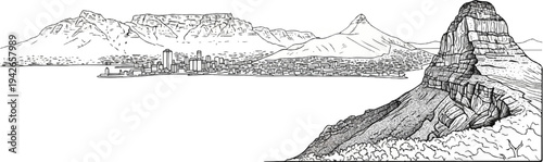 Panoramic sketch of a city nestled between majestic mountains and a vast body of water