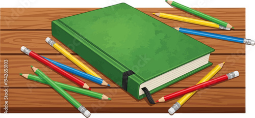 Green journal book with colorful pencils scattered on a wooden table