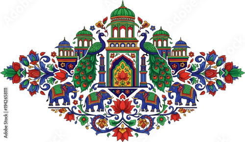 Ornate Indian motif with elephants, peacocks, and floral elements