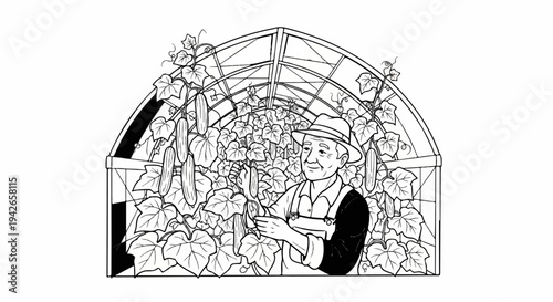 Gardener in a greenhouse inspecting a cucumber harvest