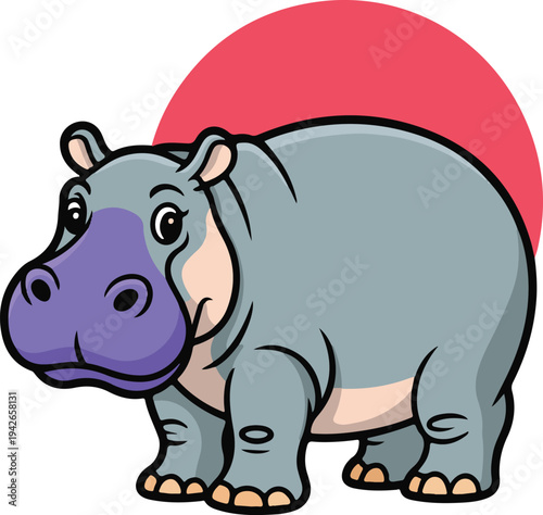 Cartoon hippopotamus standing in front of a large red sun or circle  animal illustration