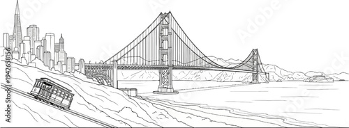 City skyline, famous bridge, and historic cable car on a steep hill