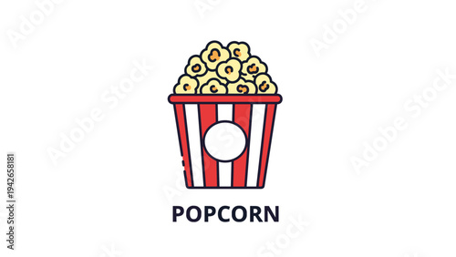 Traditional striped bucket filled to the brim with yellow buttery popcorn in a clean and simple colored line art style.