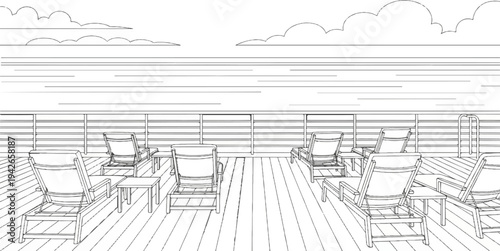 Deck chairs arranged on a wooden deck by the ocean under a cloudy sky