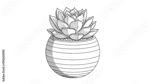 Beautifully detailed line art drawing of a succulent plant with many fleshy leaves growing in a simple round striped pot.