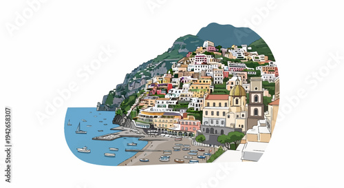 Colorful Italian coastal town cascades down a steep, verdant mountain to a blue sea