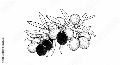 Detailed black and white illustration of an olive branch with ripe fruits